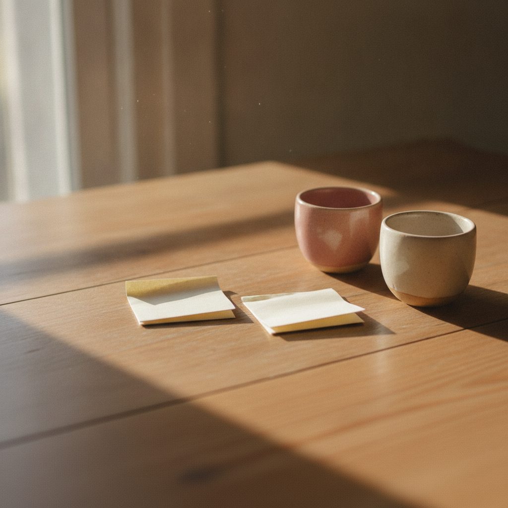 Two small folded notes side by side on a wooden table with two coffee cups