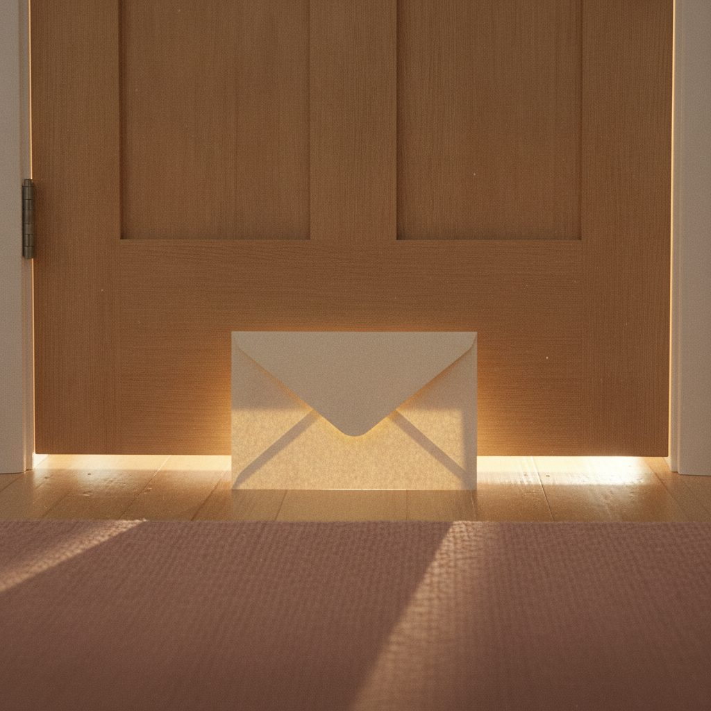 Letter slid under a closed door at dusk, soft warm light beneath