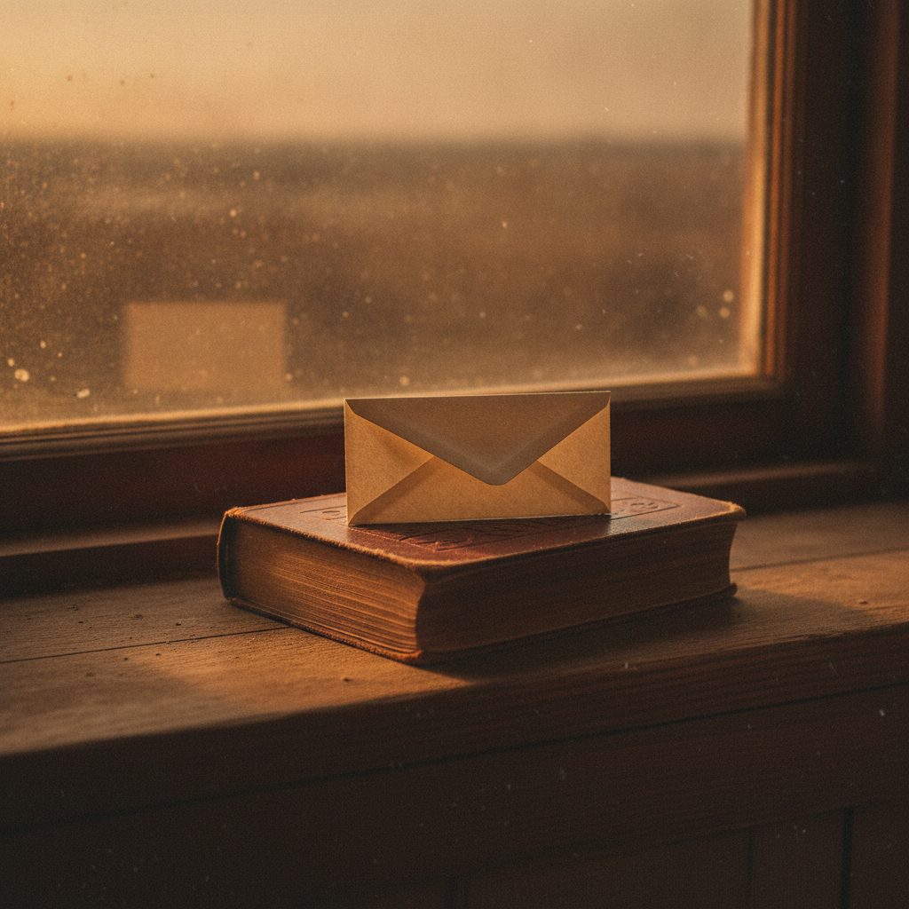 Folded letter tucked inside a closed book on a windowsill at dusk