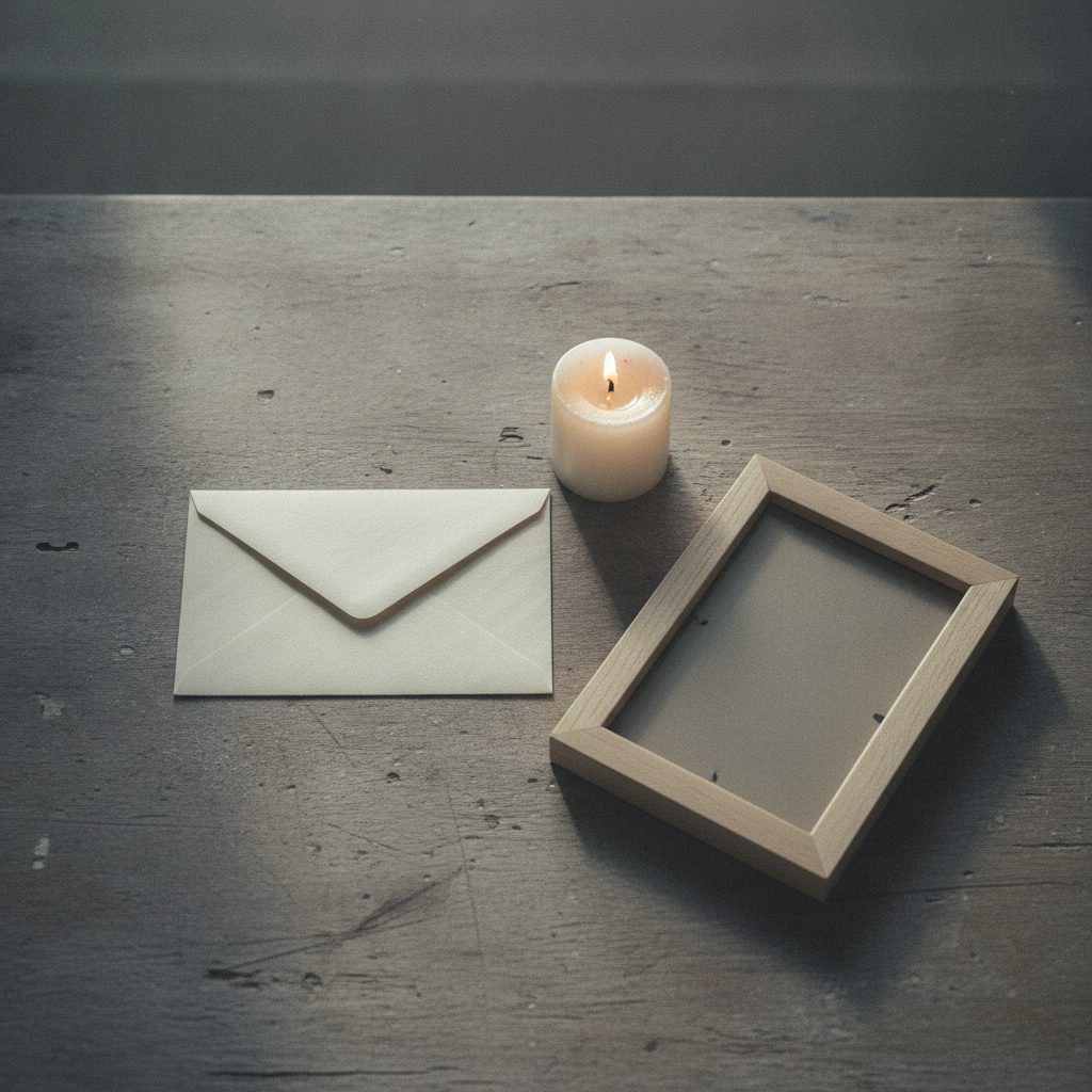 Folded letter beside a single white candle and a framed silhouette on a wooden table