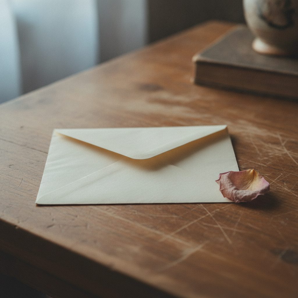Folded letter held loosely in a hand-shaped fold on a worn wooden surface