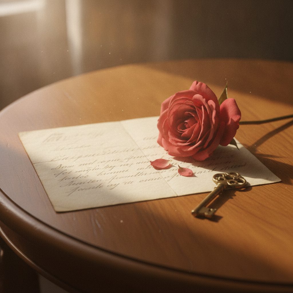 Open letter on cream paper beside a single rose and a brass key on a wooden table