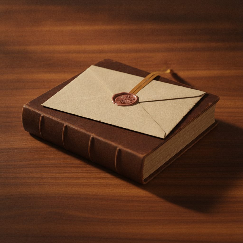 Sealed letter tucked into a leather journal on a desk in dim warm light