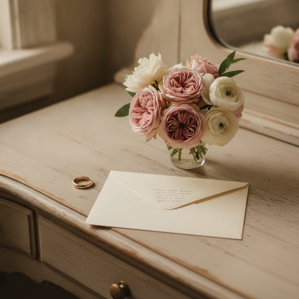 Folded letter beside a small bouquet of garden flowers and a wedding ring on a wooden vanity