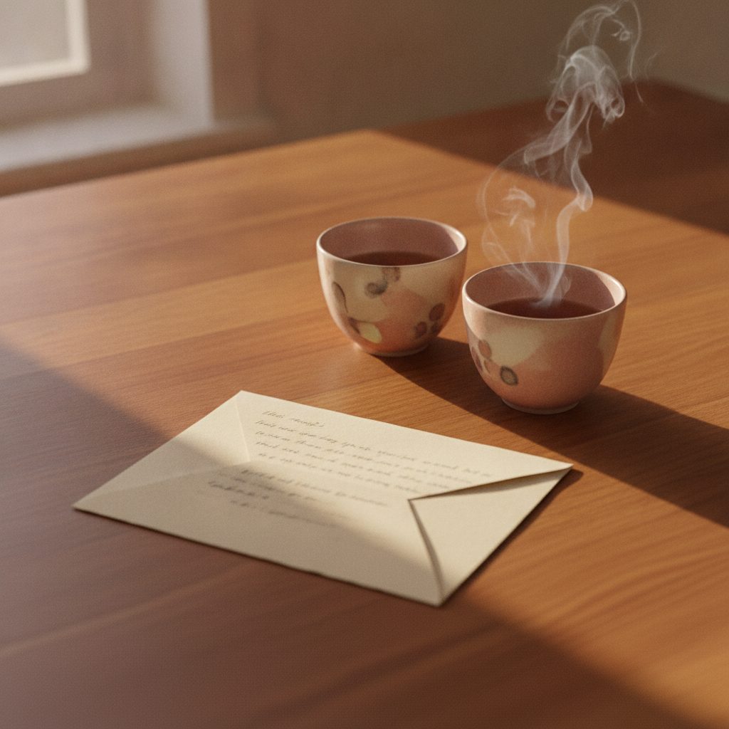 Handwritten letter beside two small cups of tea on a wooden table, reconciliation mood
