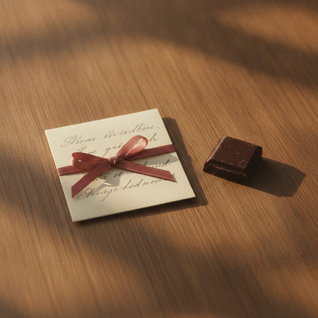 Handwritten note tied with red ribbon beside a small dark chocolate piece on a wooden table