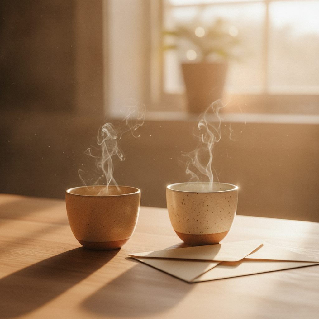 Two coffee cups beside a folded letter on a wooden kitchen counter, morning sun